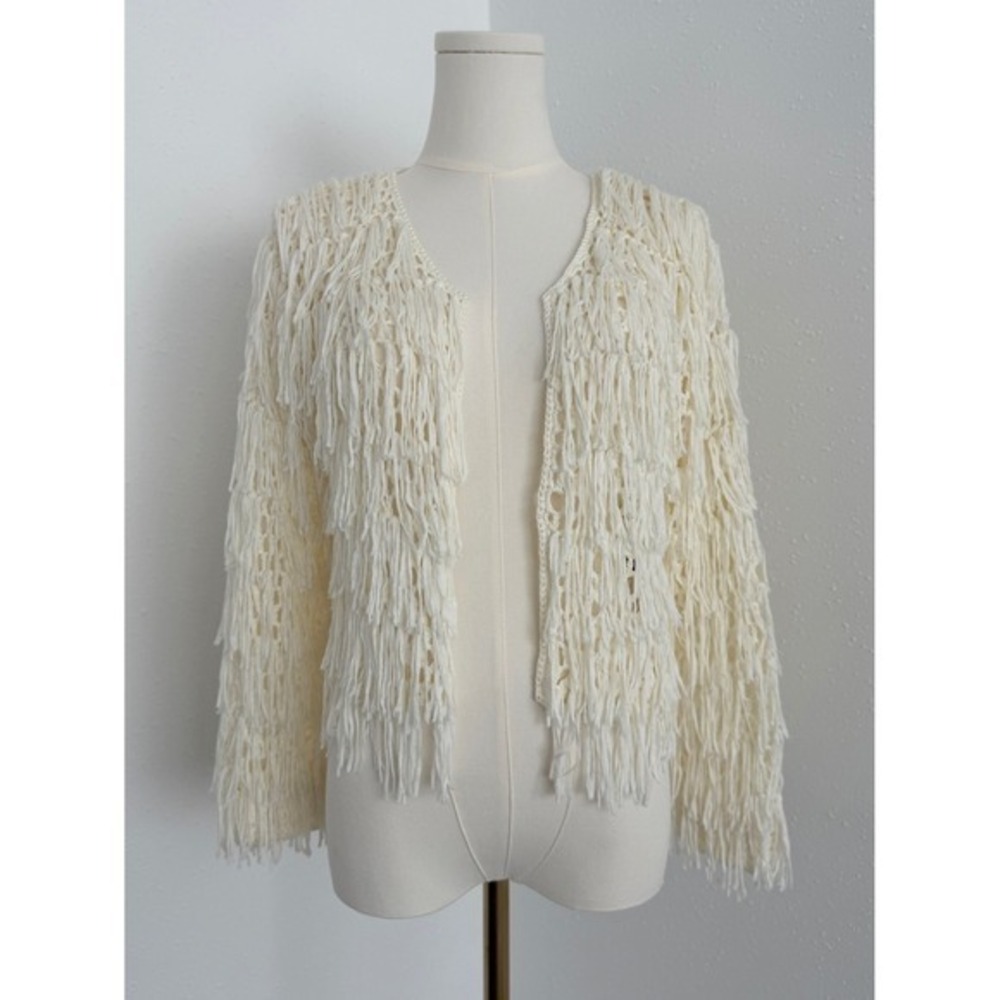 Boho Fringe Cream Open Knit Cardigan Western Festival Coastal Cowgirl Sweater S‎